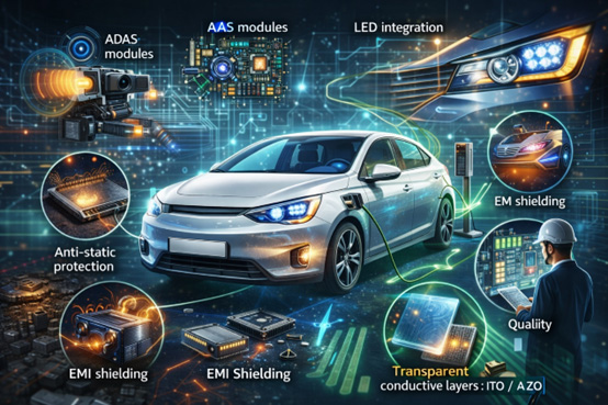 Functional coatings for EV and smart vehicles including EMI shielding anti-static protection ADAS modules and transparent conductive layers
